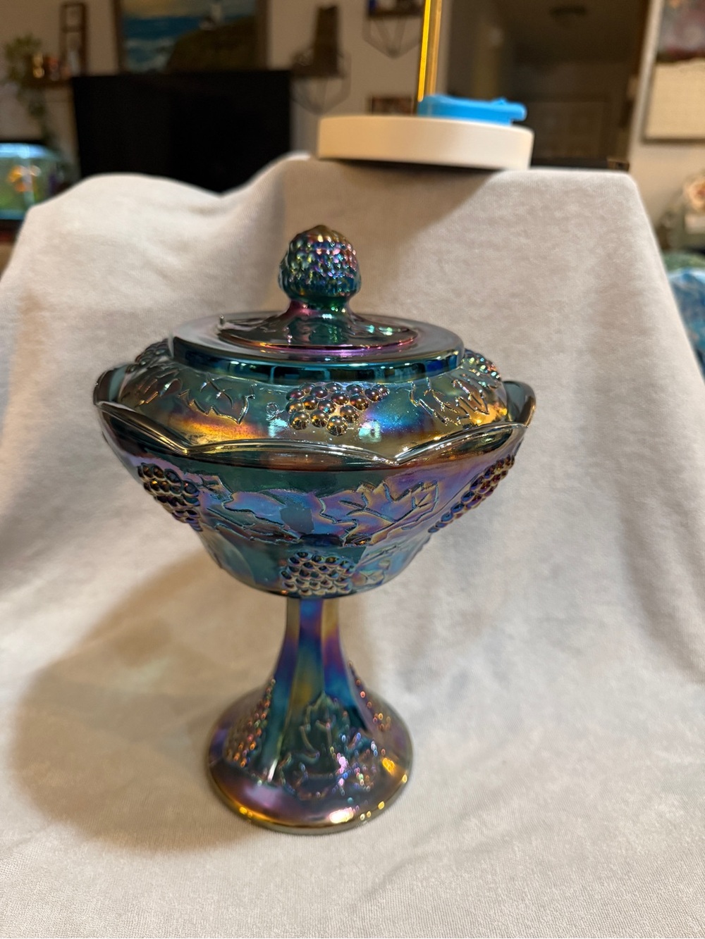 Source Unknown Iridescent Blue-Green Carnival Glass Covered Compote